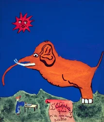 Elefanten med bara ett ben, illustration till den handskrivna diktsamlingen "La Menagerie de Tristan" av Robert Desnos, 1932